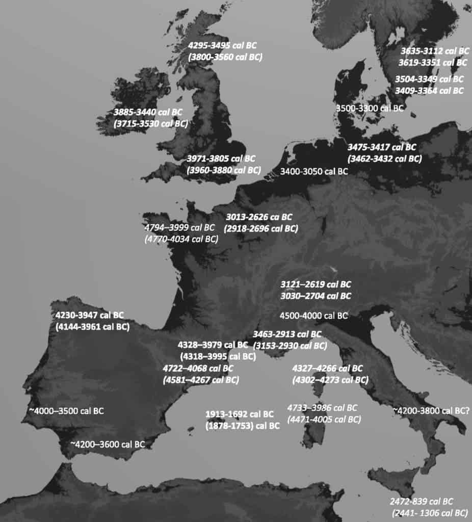 Map showing dates estimated for the start of megaliths in the different European regions. Credit: PNAS.