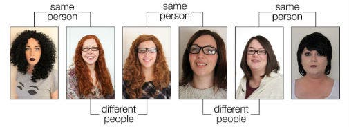 ‘Same person’ pairings show evasion disguise. ‘Different person’ pairings show impersonation disguise. Credit: University of York.