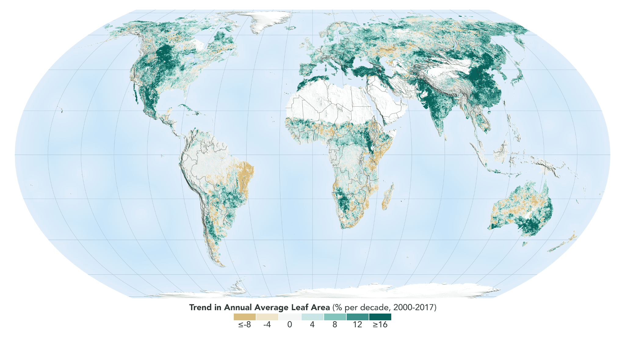 The world is a greener place than it was 20 years ago, as shown on this map, where areas with the greatest increase in foliage are indicated in dark green. Credit: NASA Earth Observatory.