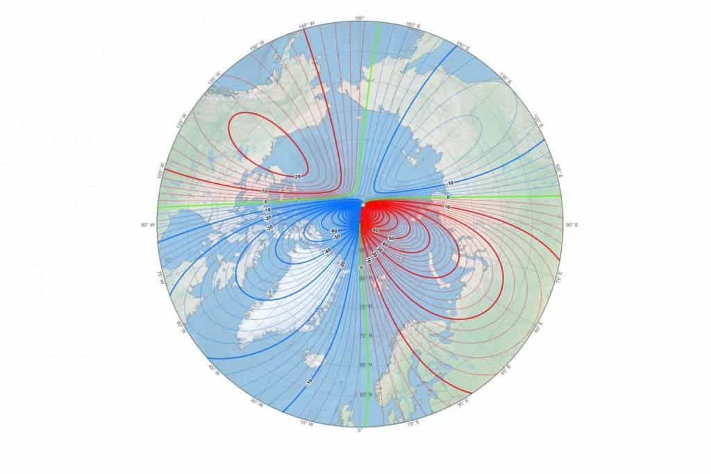This map shows the location of the north magnetic pole (white star) and the magnetic declination (contour interval 2 degrees) at the beginning of 2019. Credit: NOAA NCEI/CIRES.