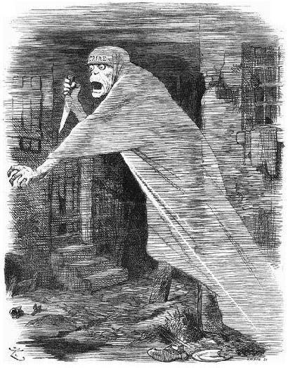 Cartoon of Jack the Ripper with poem, 'The Nemesis of Neglect'.
