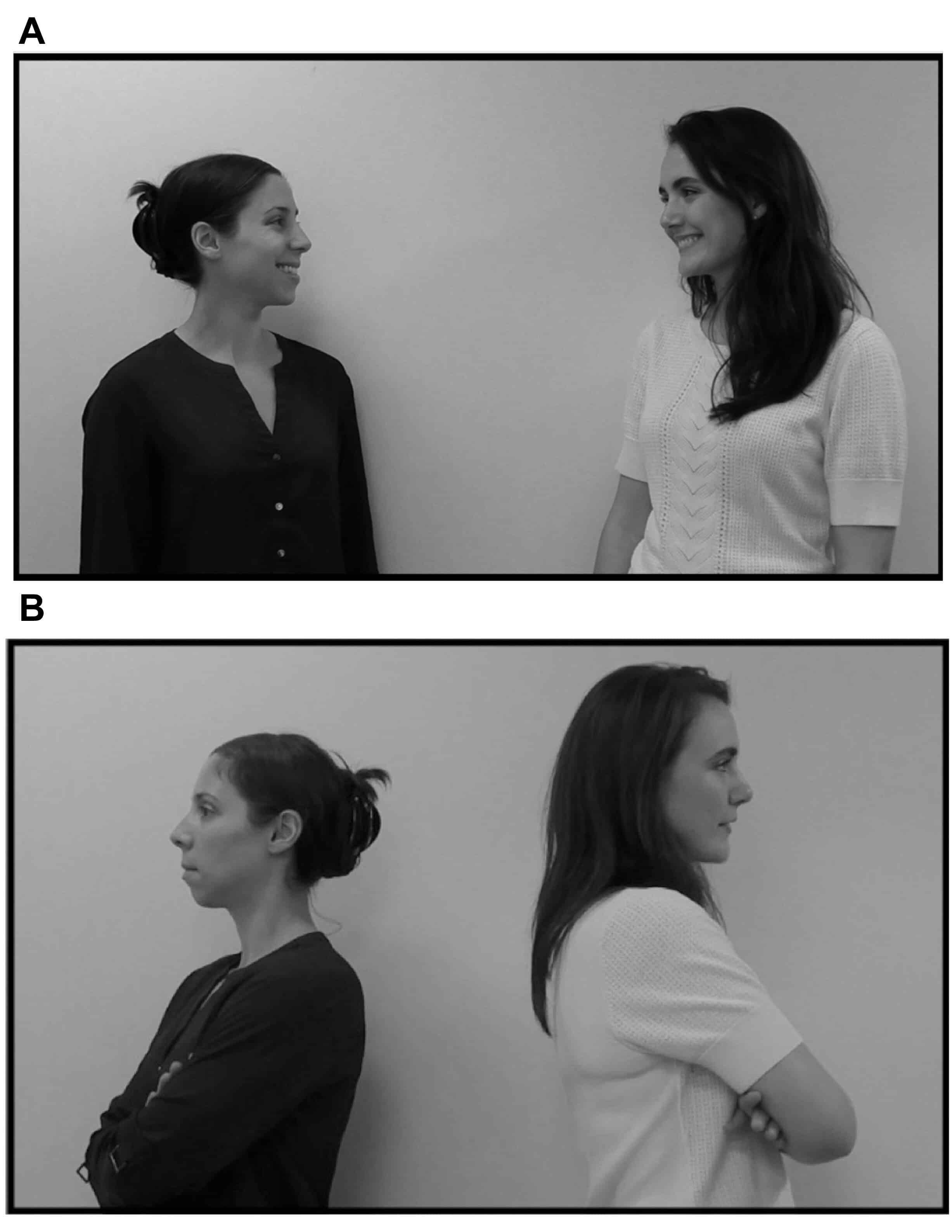 Infants saw two types of video clips of actors interacting: in one, two women faced and smiled at each other, as if they were friends (A); in another, the two women turned their backs to each other, indicating that they were strangers (B). Credit: Athena Vouloumanos, NYU's Department of Psychology.