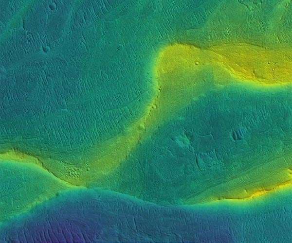 A photo of a preserved river channel on Mars. Color shows different elevations (blue is low, yellow is high). Image credits: NASA/JPL.