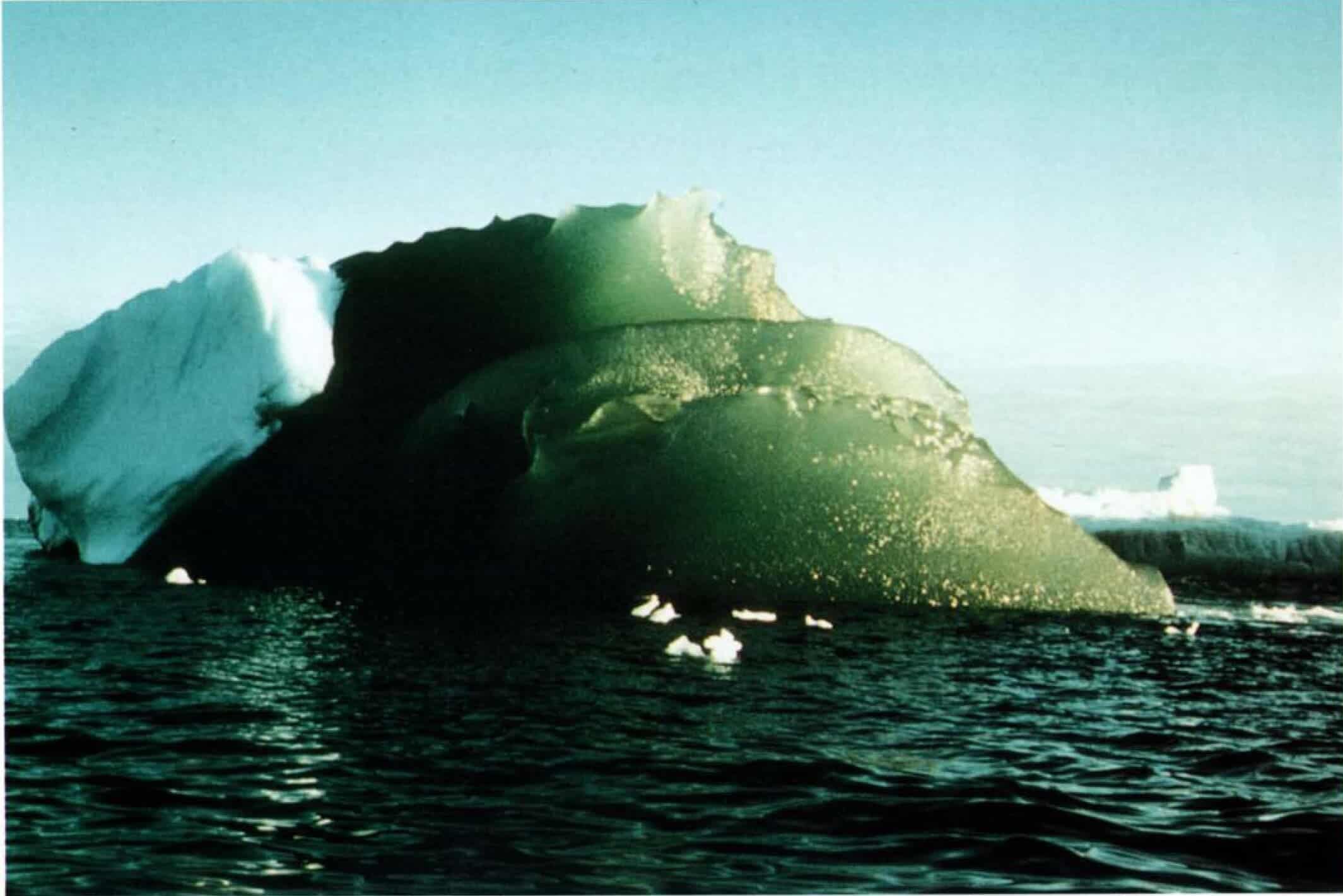 A green iceberg  the Weddell Sea, Antarctica on February 16th, 1985. Credit: AGU.