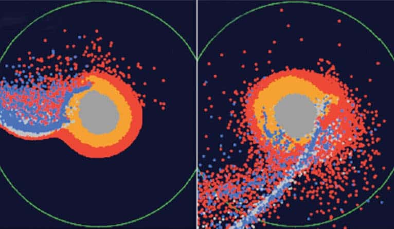 A snapshot from a recent lunar formation model. The red points indicate material from the ocean of magma while blue dots represent material from the impactor. Credit: Hosono, Karato, Makino, and Saitoh.