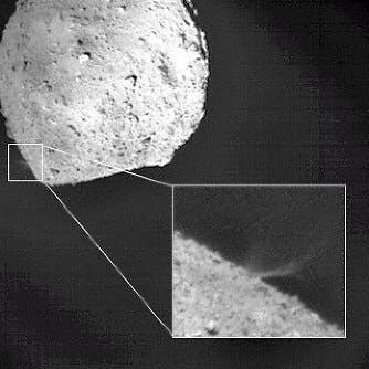 Footage taken by a camera detached from the space probe Hayabusa2 showing rocks on the asteroid Ryugu flying up three seconds after an impactor struck the surface. Credit: JAXA, Kobe University.