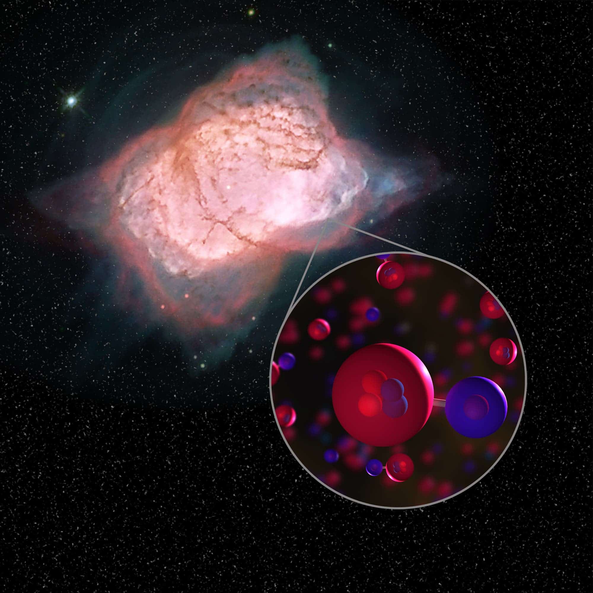 Illustration of planetary nebula NGC 7027 and helium hydride molecules. Credit: NASA.