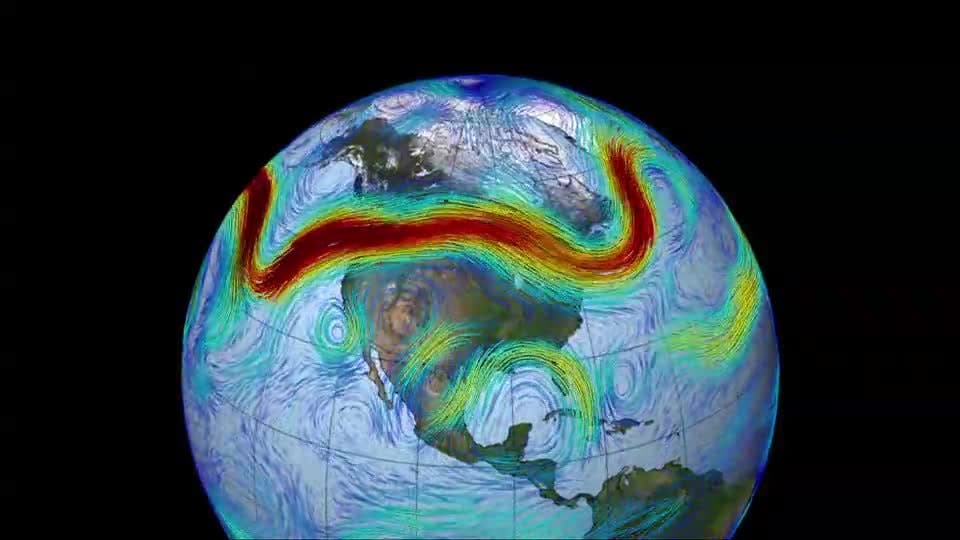 Depiction of the polar jet stream, can travel at speeds greater than 180 km/h (110 mph). Higher wind speeds colored in red. Image credits: NASA/Goddard Space Flight Center.