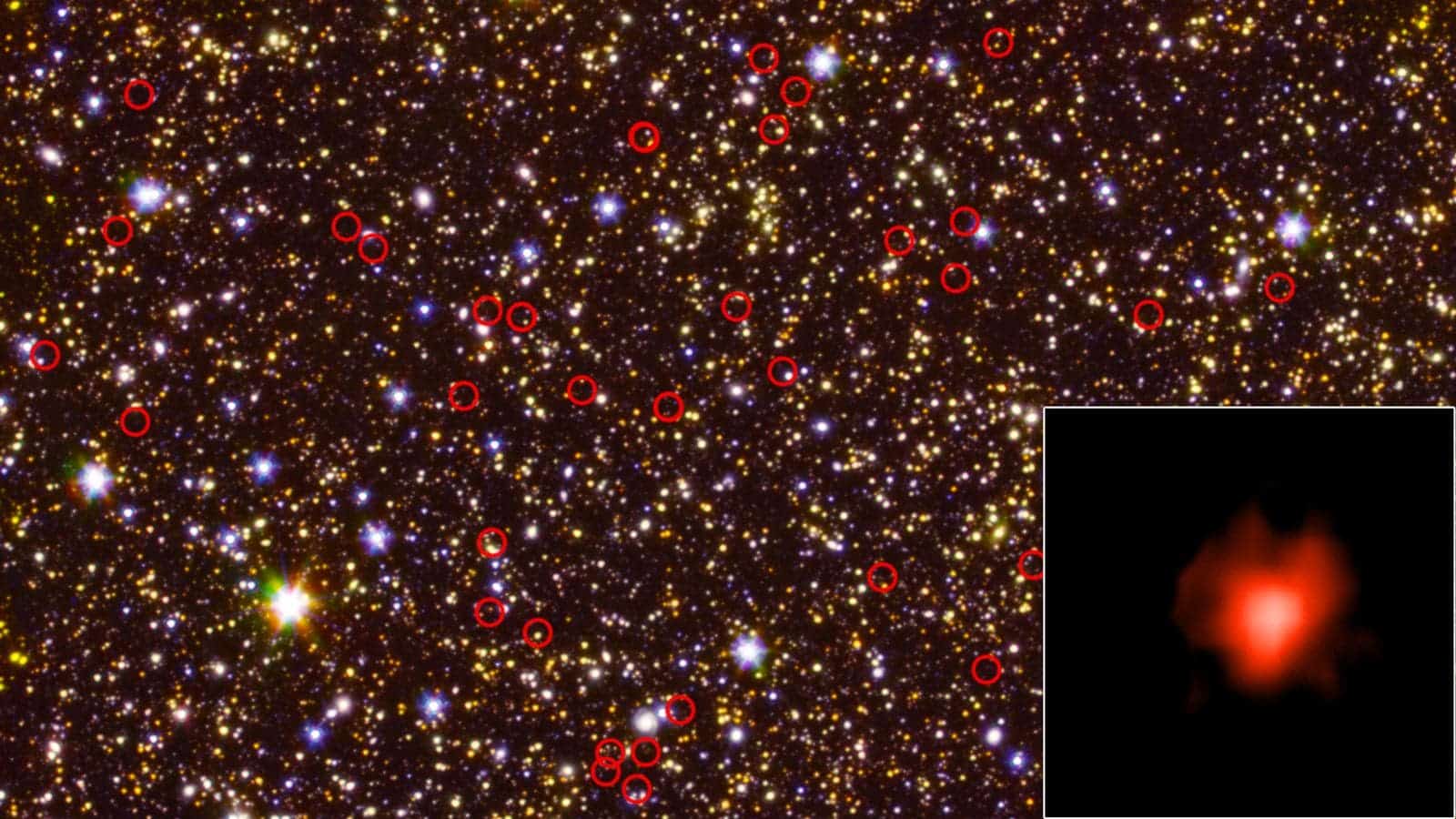 This deep-field view of the sky (center) taken by NASA's Hubble and Spitzer space telescopes is dominated by galaxies - including some very faint, very distant ones - circled in red. The bottom right inset shows the light collected from one of those galaxies during a long-duration observation.Credit: NASA/JPL-Caltech/ESA/Spitzer/P. Oesch/S. De Barros/I.Labbe