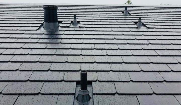 A closeup of one of the first Tesla Solar Roof installations. Credit: Green Tech Media.