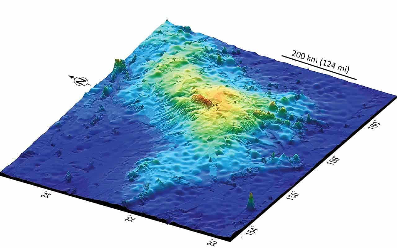 A 3D map of Tamu Massif, the largest known volcano on Earth. It is around 4 miles high from its base and around 120,000 square miles across -- approximately the size of New Mexico. Image credits: IODP.