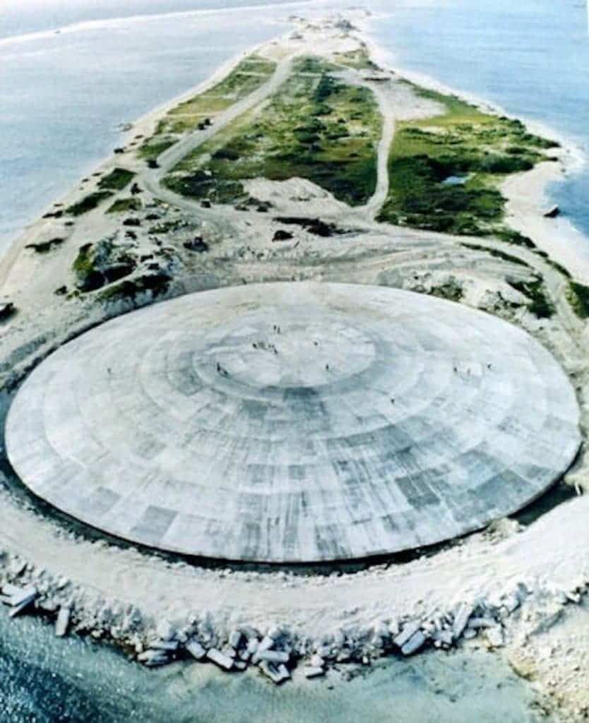Aerial photo of the Runit Dome, aka the "nuclear coffin". Credit: Public Domain.