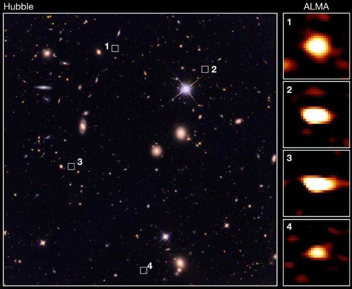Ancient galaxies from the study are visible to ALMA (right) but not to Hubble (left). Credit: © 2019 Wang et al.