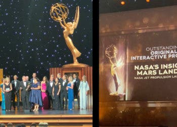 Team members JPL's Public Engagement and Digital News offices gather onstage with those of the Mars InSight mission and with JPL deputy director Larry James at the 2019 Creative Arts Emmy Awards on Sunday, Sept. 15, 2019, where they won for Outstanding Original Interactive Program. The awards were held at the Microsoft Theater in Los Angeles. Credit: NASA/JPL-Caltech