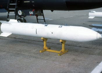 A view of a B-83 nuclear bomb trainer being shown at  static display of a 509th Bomb Group FB-111 aircraft.