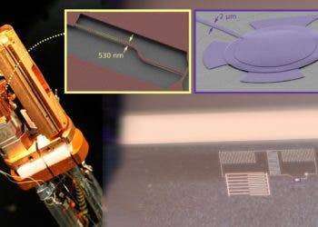 Two different quantum optomechanical systems used to demonstrate novel dynamics in backaction-evading measurements. Left (yellow): silicon nanobeam supporting both an optical and a 5 GHz mechanical mode, operated in a helium-3 cryostat at 4 Kelvin and probed using a laser sent in an optical fibre. Right (purple): microwave superconducting circuit coupled to a 6 MHz mechanically-compliant capacitor, operated in a dilution refrigerator at 15 milli-Kelvin. (I. Shomroni, EPFL.)