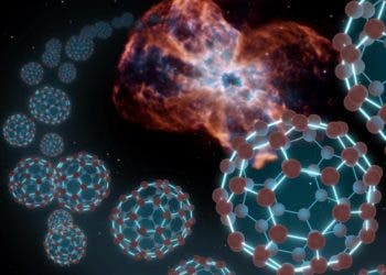 An artist's conception showing spherical carbon molecules known as buckyballs coming out from a planetary nebula -- material shed by a dying star. Researchers at the University of Arizona have now created these molecules under laboratory conditions thought to mimic those in their 'natural' habitat in space. NASA/JPL-Caltech