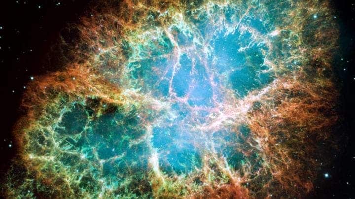 The rapidly spinning neutron star embedded in the center of the Crab nebula is the dynamo powering the nebula's eerie interior bluish glow. The blue light comes from electrons whirling at nearly the speed of light around magnetic field lines from the neutron star. The neutron star, the crushed ultra-dense core of the exploded star, like a lighthouse, ejects twin beams of radiation that appear to pulse 30 times a second.