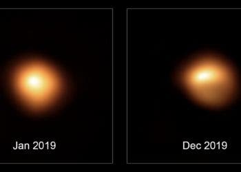 This comparison image shows the star Betelgeuse before and after its unprecedented dimming. The observations, taken with the SPHERE instrument on ESO’s Very Large Telescope in January and December 2019, show how much the star has faded and how its apparent shape has changed.