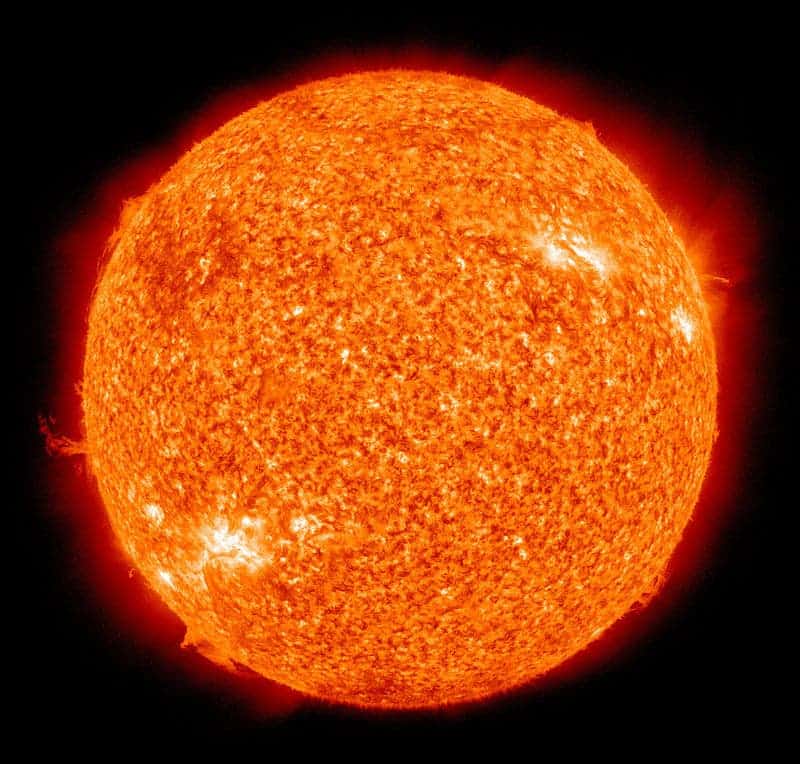The Sun photographed at 304 angstroms by the Atmospheric Imaging Assembly (AIA 304) of NASA's Solar Dynamics Observatory (SDO). This is a false-color image of the Sun observed in the extreme ultraviolet region of the spectrum. (NASA)