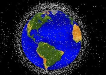 It's getting crowded up there. A plot of space debris around the Earth. (NASA)