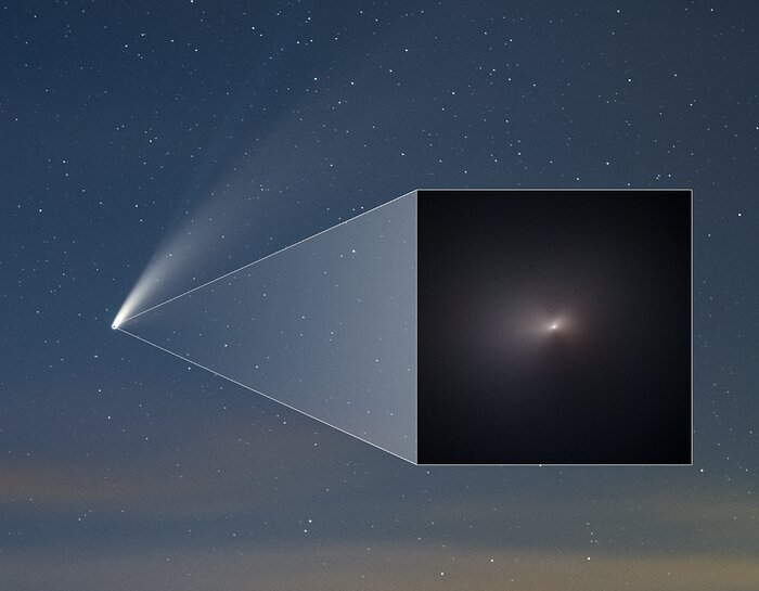 Colour image of the comet taken by Hubble on 8 August 2020 within the frame of a ground-based image of the comet that was taken from the Northern Hemisphere on 18 July 2020. (NASA, ESA, Q. Zhang (California Institute of Technology), A. Pagan (STScI), and Z. Levay)