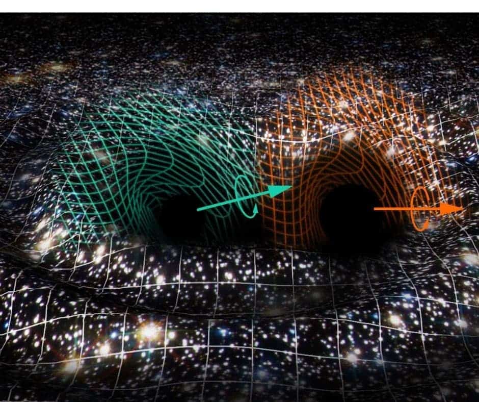 Artistic interpretation of the binary black hole merger responsible for GW190521. The space-time, figured by a fabric on which a view of the cosmos is printed, is distorted by the GW190521 signal. The turquoise and orange mini-grids represent the dragging effects due to the individually rotating black holes. The estimated spin axes, or self-rotations, of the black holes are indicated with the corresponding colored arrows. The background suggests a star cluster, one of the possible environments where GW190521 could have occurred. Credits: Raúl Rubio / Virgo Valencia Group / The Virgo Collaboration.