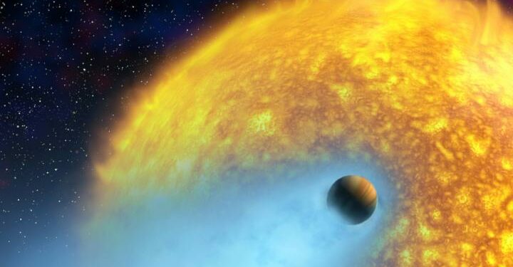 An artist's conception of HD 209458 b, an exoplanet whose atmosphere is being torn off at more than 35,000 km/hour by the radiation of its close-by parent star. This hot Jupiter was the first alien world discovered via the transit method, and the first planet to have its atmosphere studied. [NASA/European Space Agency/Alfred Vidal-Madjar (Institut d'Astrophysique de Paris, CNRS)]