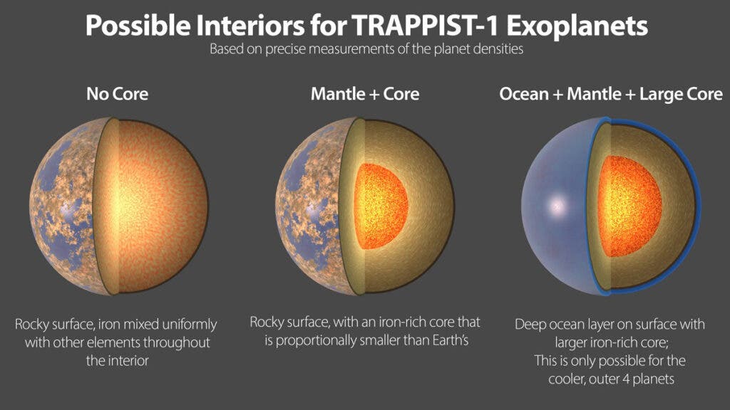 Shown here are three possible interiors of the TRAPPIST-1 exoplanets. The more precisely scientists know the density of a planet, the more they can narrow down the range of possible interiors for that planet. All seven planets have very similar densities, so they likely have a similar compositions (NASA/ JPL - Caltech)