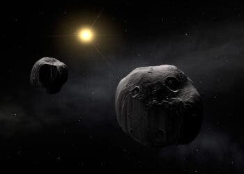 Artist's impression of the double asteroid Antiope. Both components are shown to have a quasi-spherical shape.