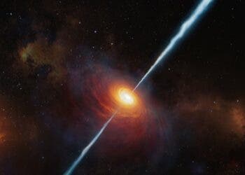 This artist’s impression shows how the distant quasar P172+18 and its radio jets may have looked. To date (early 2021), this is the most distant quasar with radio jets ever found and it was studied with the help of ESO’s Very Large Telescope. It is so distant that light from it has travelled for about 13 billion years to reach us: we see it as it was when the Universe was only about 780 million years old. (ESO)