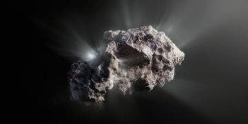 This image shows an artist’s impression of what the surface of the 2I/Borisov comet might look like.  2I/Borisov was a visitor from another planetary system that passed by our Sun in 2019, allowing astronomers a unique view of an interstellar comet. While telescopes on Earth and in space captured images of this comet, we don’t have any close-up observations of 2I/Borisov. It is therefore up to artists to create their own ideas of what the comet’s surface might look like, based on the scientific information we have about it. (SO/M. Kormesser)