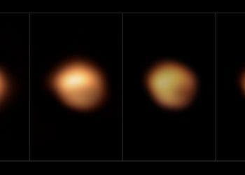 These images, taken with the SPHERE instrument on ESO’s Very Large Telescope, show the surface of the red supergiant star Betelgeuse during its unprecedented dimming, which happened in late 2019 and early 2020. The image on the far left, taken in January 2019, shows the star at its normal brightness, while the remaining images, from December 2019, January 2020 and March 2020, were all taken when the star’s brightness had noticeably dropped, especially in its southern region. The brightness returned to normal in April 2020. (ESO/M. Montargès et al)