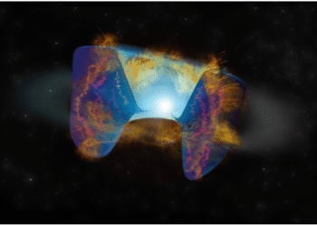 Fast-moving debris from a supernova explosion triggered by a stellar collision crashes into gas thrown out earlier, and the shocks cause bright radio emission seen by the VLA.
Credit: Bill Saxton, NRAO/AUI/NSF