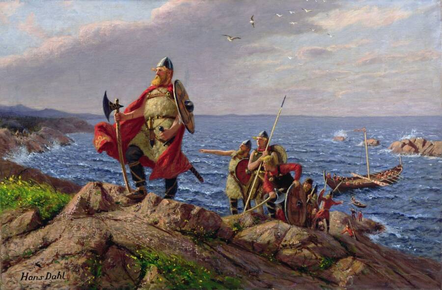 Painting of vikings in north america
