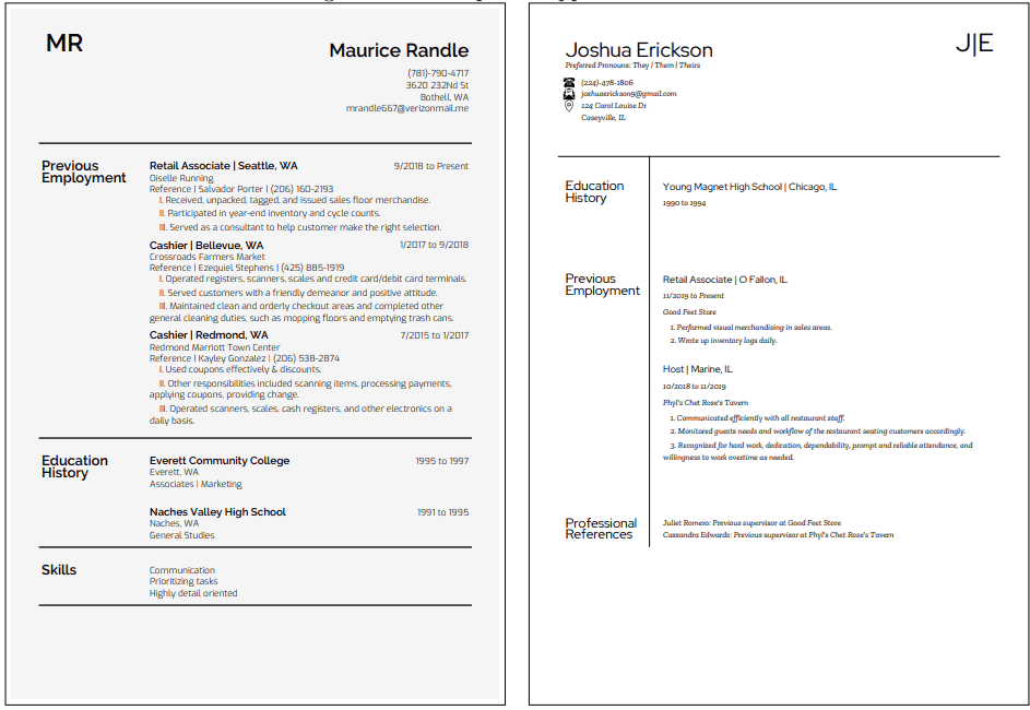 Examples of the resumes sent by the researchers.