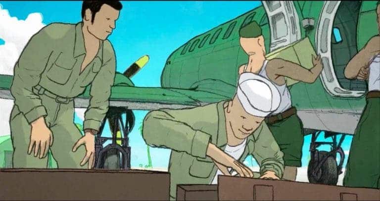 Illustration of American soldiers loading an airplane with cargo. 