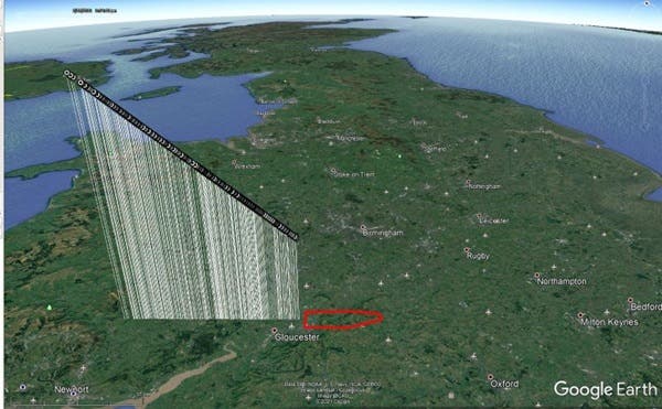 Google Earth satellite image with trajectory of the fireball. 
