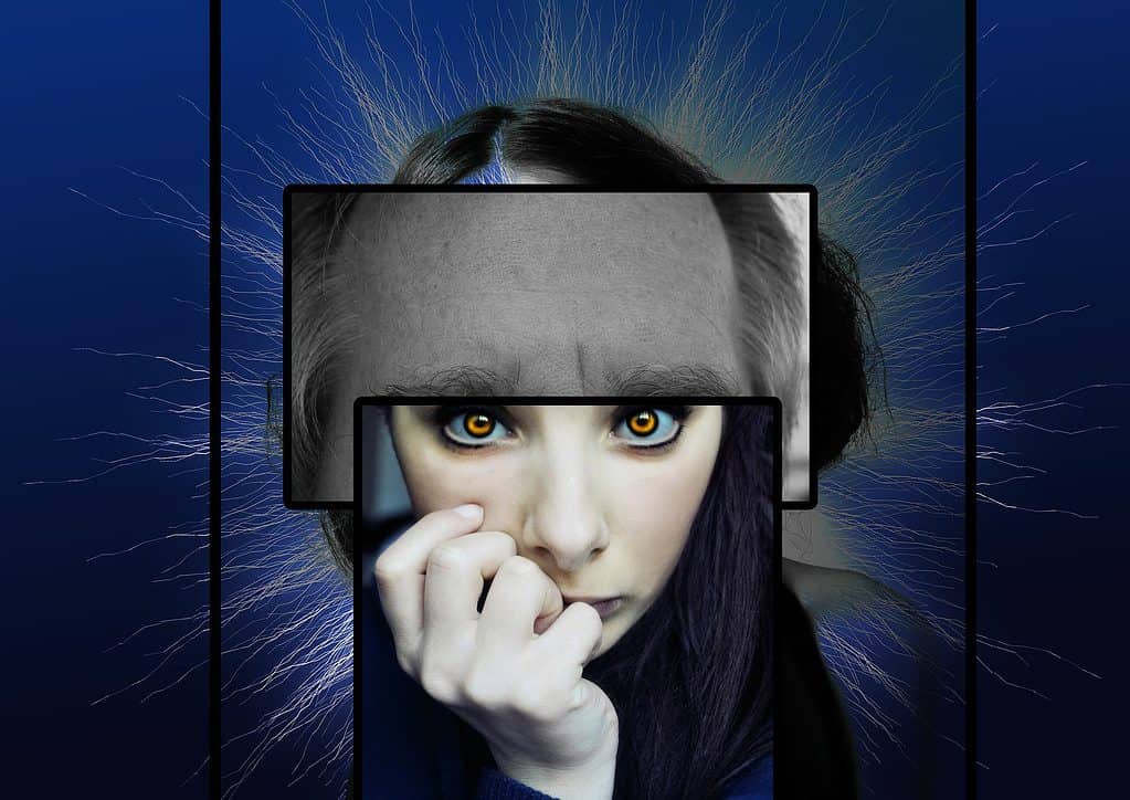 Collage showing a woman with eyes wide open with the forehead of an elderely male superimposed on her own forehead, illustrating the voice heard by some schizophrenic patients. 