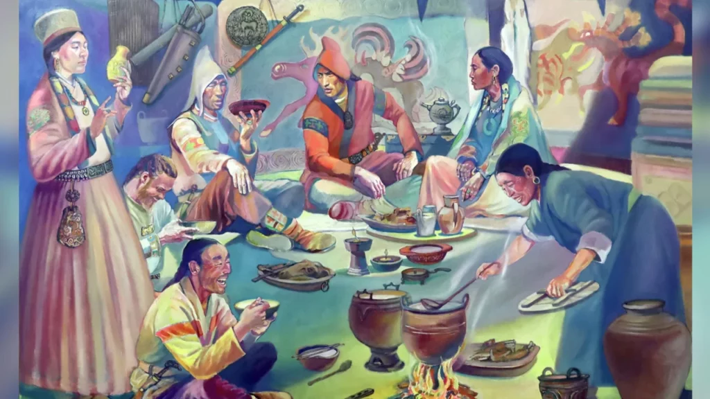 A group of people is seen eating and drinking in a painting