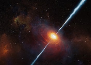 This artist’s impression shows how the distant quasar P172+18 and its radio jets may have looked. To date (early 2021), this is the most distant quasar with radio jets ever found and it was studied with the help of ESO’s Very Large Telescope. It is so distant that light from it has travelled for about 13 billion years to reach us: we see it as it was when the Universe was only about 780 million years old.