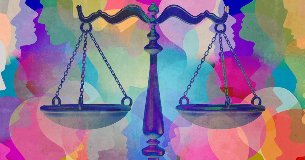 Artsy illustration of justice showing a scale.
