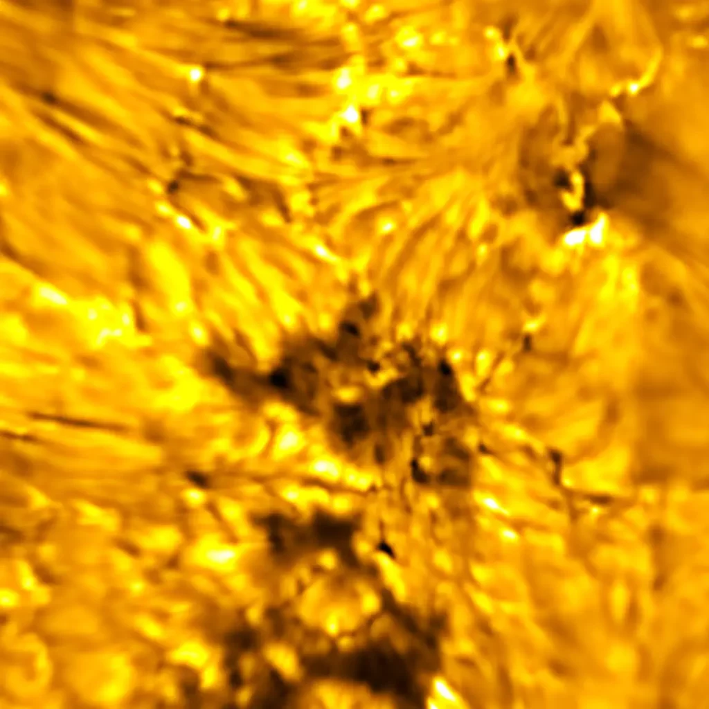 In this image, dark, fine threads (fibrils) are visible in the chromosphere emanating from sources in the photosphere – notably, the dark pores/umbral fragments and their fine structure.