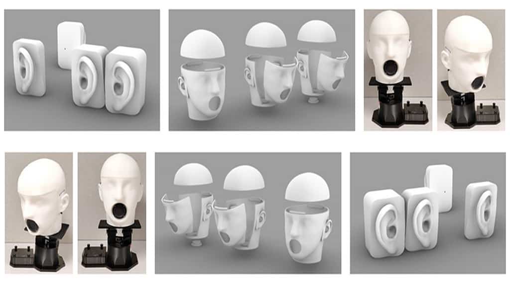 Talking robots heads and their 3D printed components.