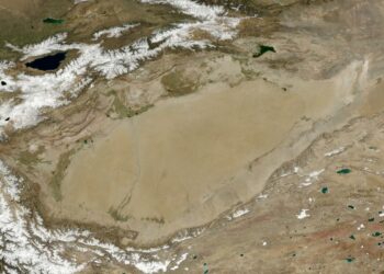 The Tarim basin in China. Image credit: NASA / Wikipedia Commons.
