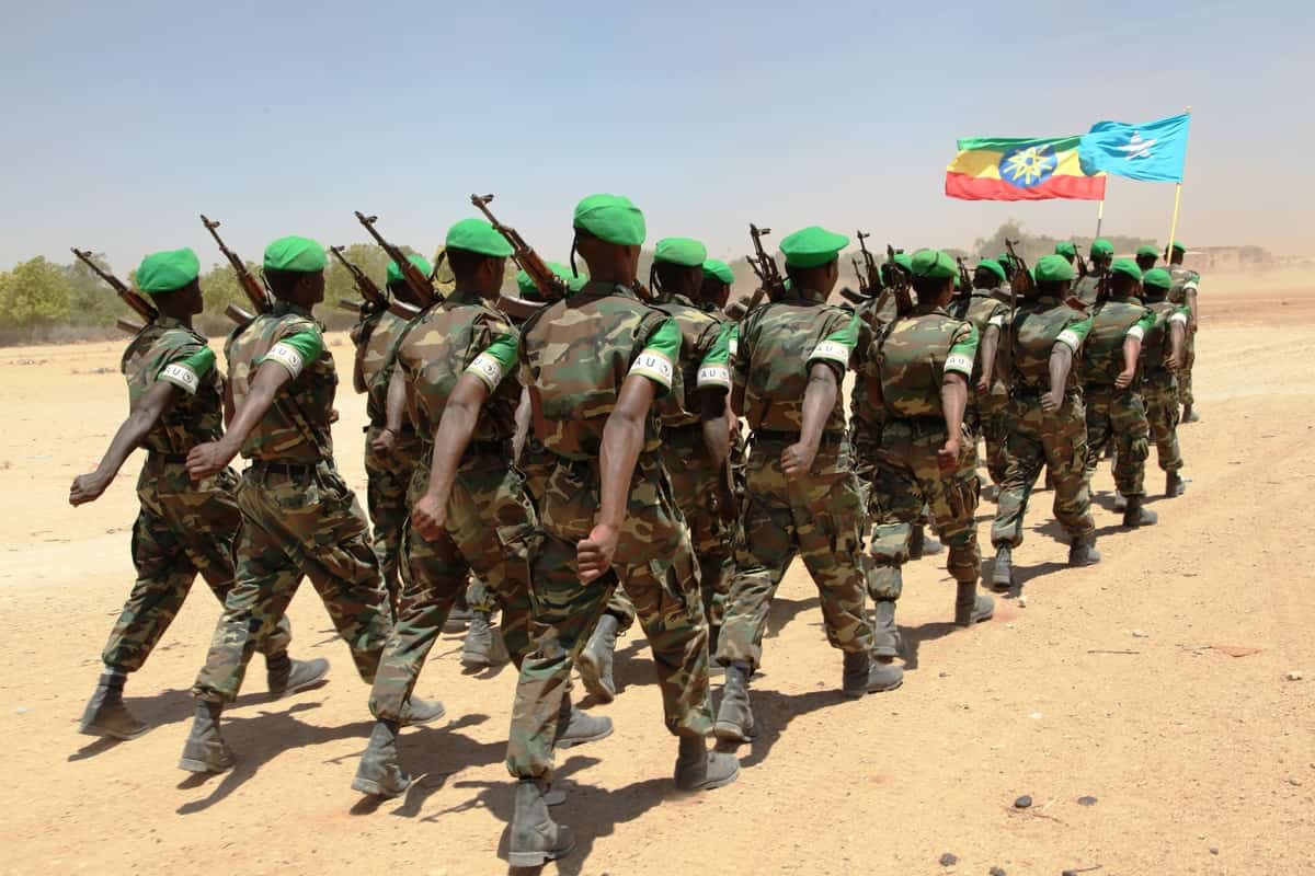 Ethiopian National Defence Forces peacekeepers marching
