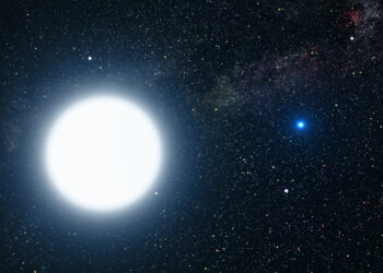 This picture is an artist's impression showing how the binary star system of Sirius A and its diminutive blue companion, Sirius B, might appear to an interstellar visitor. The large, bluish-white star Sirius A dominates the scene, while Sirius B is the small but very hot and blue white-dwarf star on the right. The two stars revolve around each other every 50 years. White dwarfs are the leftover remnants of stars similar to our Sun. The Sirius system, only 8.6 light-years from Earth, is the fifth closest stellar system known. Sirius B is faint because of its tiny size. Its diameter is only 7,500 miles (about 12 thousand kilometres), slightly smaller than the size of our Earth. The Sirius system is so close to Earth that most of the familiar constellations would have nearly the same appearance as in our own sky. In this rendition, we see in the background the three bright stars that make up the Summer Triangle: Altair, Deneb, and Vega. Altair is the white dot above Sirius A; Deneb is the dot to the upper right; and Vega lies below Sirius B. But there is one unfamiliar addition to the constellations: our own Sun is the second-magnitude star, shown as a small dot just below and to the right of Sirius A.