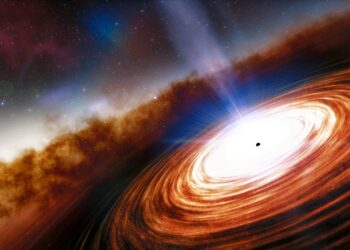 An artist’s impression of quasar J0313-1806 showing the supermassive black hole and the extremely high velocity wind. The quasar, seen just 670 million years after the Big Bang, is 1000 times more luminous than the Milky Way, and is powered by the earliest known supermassive black hole, which weighs in at more than 1.6 billion times the mass of the Sun.