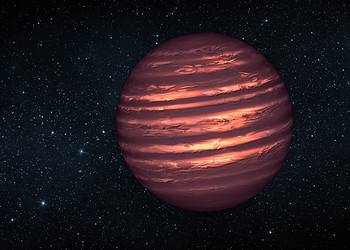 This artist's conception illustrates the brown dwarf named 2MASSJ22282889-431026. NASA's Hubble and Spitzer space telescopes observed the object to learn more about its turbulent atmosphere. Brown dwarfs are more massive and hotter than planets but lack the mass required to become sizzling stars. Their atmospheres can be similar to the giant planet Jupiter's. Spitzer and Hubble simultaneously observed the object as it rotated every 1.4 hours. The results suggest wind-driven, planet-size clouds.Image credit:
