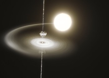 This artist’s impression shows the pulsar PSR J1023+0038 stealing gas from its companion star. This gas accumulates in a disc around the pulsar, slowly falls towards it, and is eventually expelled in a narrow jet. In addition, there is a wind of particles blowing away from the pulsar, represented here by a cloud of very small dots. This wind clashes with the infalling gas, heating it up and making the system glow brightly in X-rays and ultraviolet and visible light. Eventually, blobs of this hot gas are expelled along the jet, and the pulsar returns to the initial, fainter state, repeating the cycle. This pulsar has been observed to switch incessantly between these two states every few seconds or minutes.
